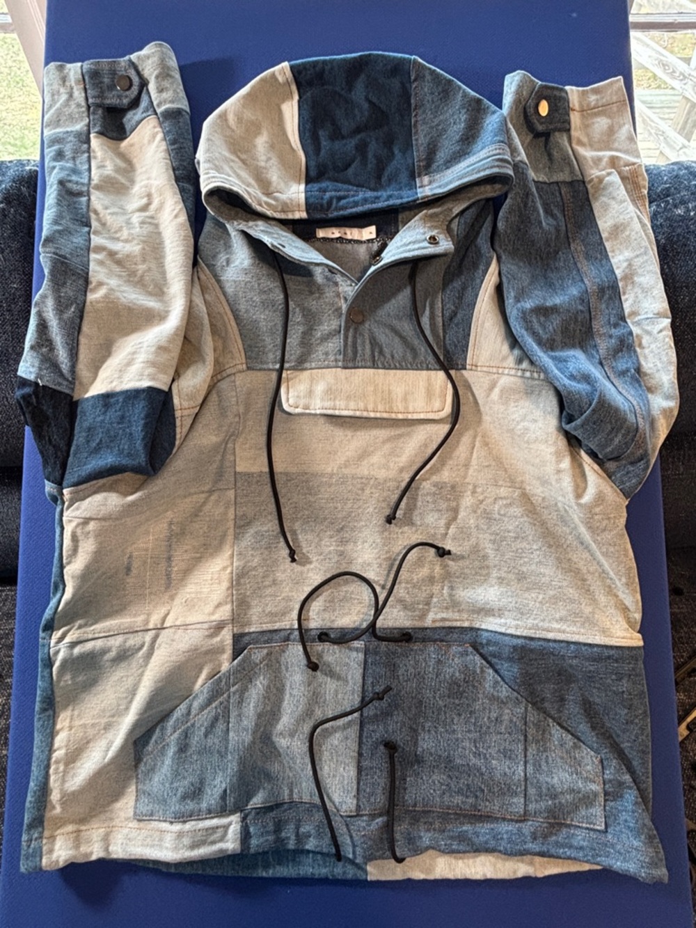 MNML Patchwork Denim Pullover Hoodie with Gunmetal hardware size XL - Picture 6 of 9